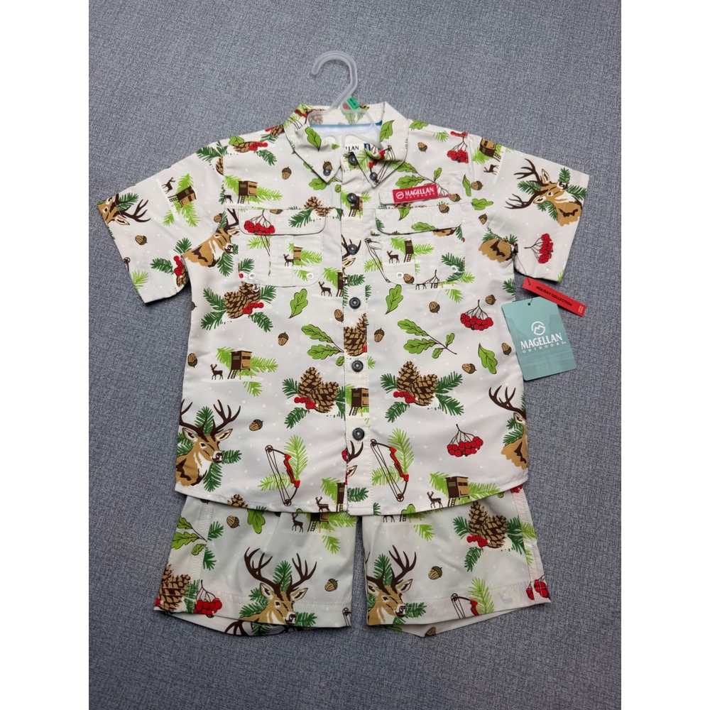 NWT Magellan Outdoors Boys Vintage Hunt Fishing Shirt Shorts Set 5/6 Holiday UPF